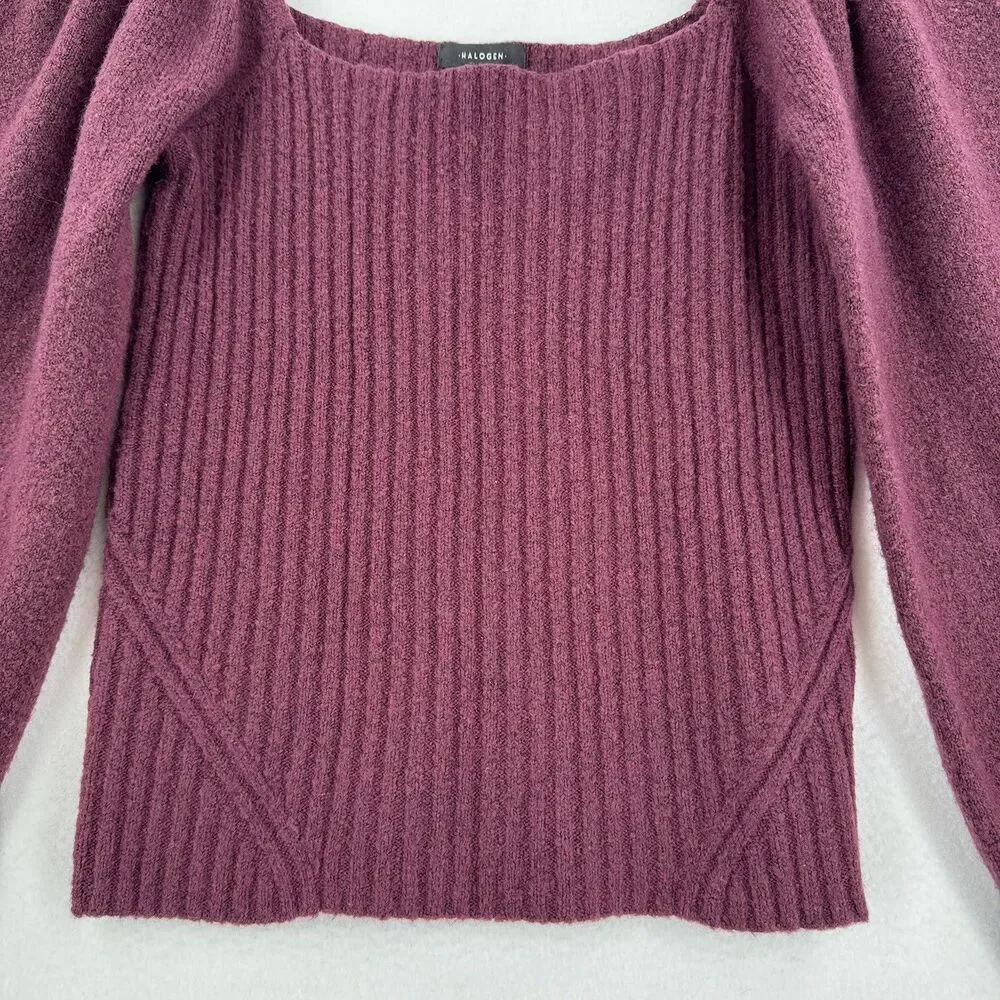 Halogen Sweater Women S Burgundy Square Neck Balloon Sleeve Wool Blend Cropped